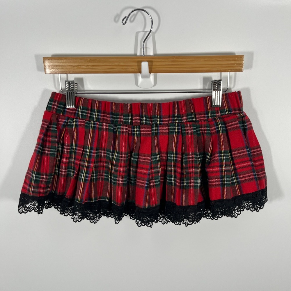 Y2K Womens Micro Mini Skirt M Red Gingham Lace Coquette Schoolgirl